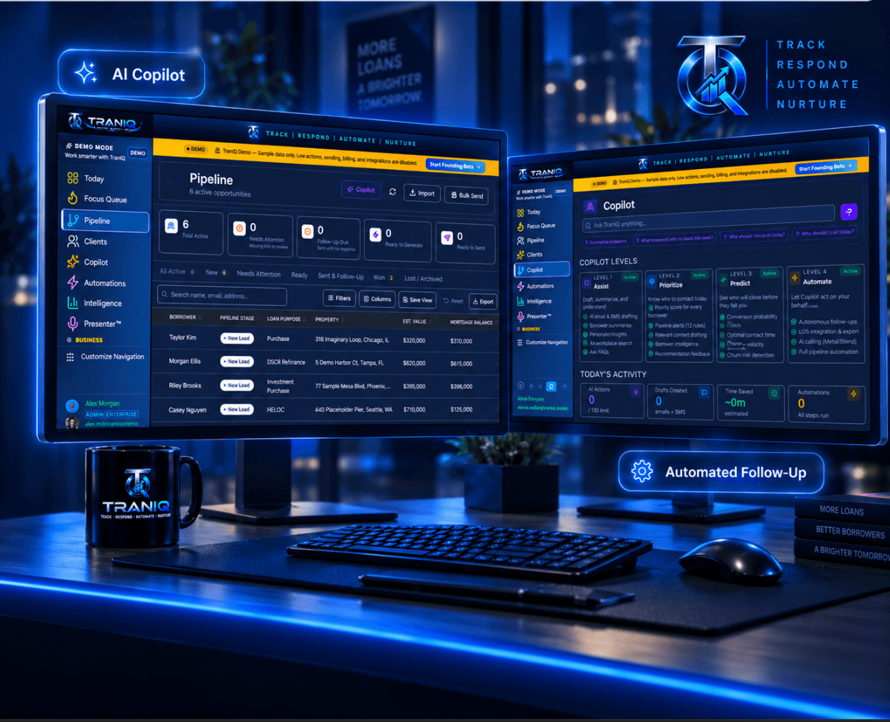 TranIQ Pipeline and AI Copilot shown on a dual-monitor workspace
